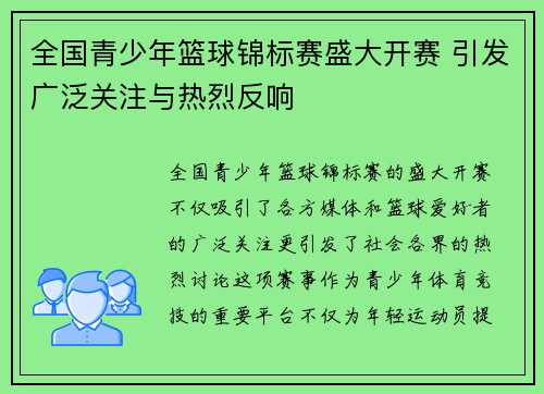 全国青少年篮球锦标赛盛大开赛 引发广泛关注与热烈反响