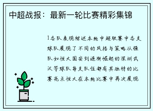 中超战报：最新一轮比赛精彩集锦